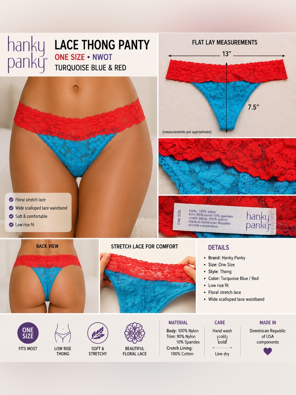 Hanky Panky Lace Thong Panty One Size Turquoise Blue Red Colorblock NWOT